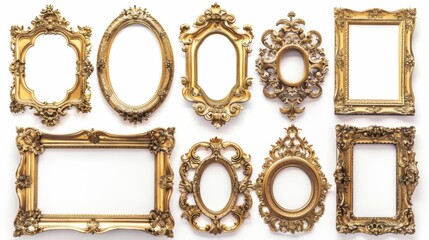 Elegant collection of ornate gold frames, each with unique details, displayed on a clean white background