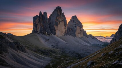 Stunning sunset over majestic mountains with dramatic rock formations.