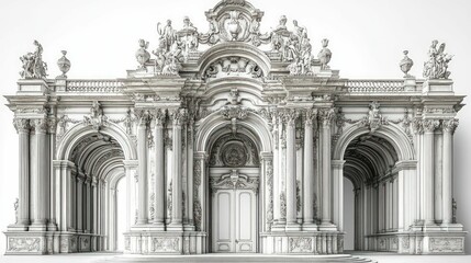 Obraz premium Grand baroque entrance, ornate columns, statues.