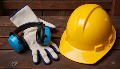 Safety equipment with yellow hard hat, gloves, and earmuffs