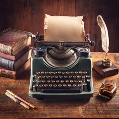 A vintage typewriter on a wooden desk, with an unfinished manuscript, surrounded by antique books and a quill pen, bathed in warm, soft lighting.