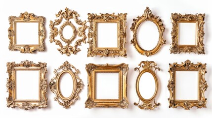 Elegant collection of ornate gold frames, each with unique details, displayed on a clean white background