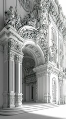 Ornate palace entrance, detailed stonework, grand archway.