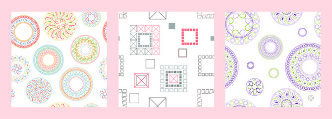 Seamless pattern of geometric shapes. Bright seamless pattern. Set of 3 patterns. Design for fabric, wallpaper, wrapping paper. Vector