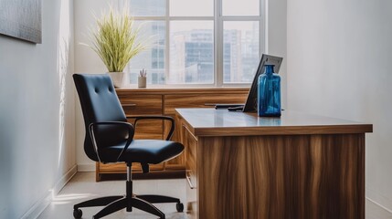 Modern office corner with desk, chair, and city view. Possible use Stock photo for workspace, office interior, productivity