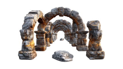 Ancient Stone Archway Ruins Pathway, 3D Render of Aged Grey Rocks for Architectural Design, isolated on transparent background.