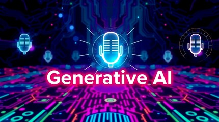 Fototapeta premium Glowing microphones on circuit board, symbolizing AI voice tech.