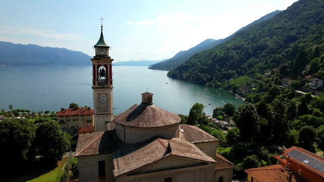 Italy, Piedmot (Piemonte) Lake Lago Maggiore. scenic village Cassino in Cannero Riviera , border with Switzerland. Aerial drone 4k hd video