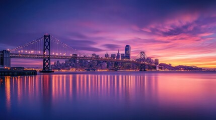 Obraz premium San Francisco Bay Bridge Sunset Panorama: A Captivating View of Cityscape and Water Reflections