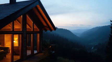 Obraz premium Cozy wooden lodge with large windows overlooking mountains