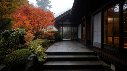 serene Japanese house with autumn foliage and stone steps