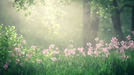 Obraz premium Dreamy Early Morning Scene with Flowers and Soft Light in Nature