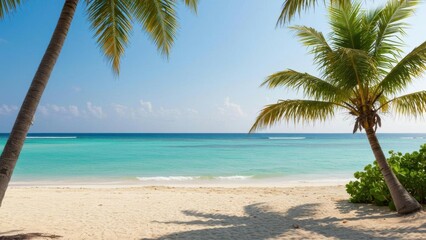 Fototapeta premium A tranquil tropical beach scene with clear blue water and palm trees.