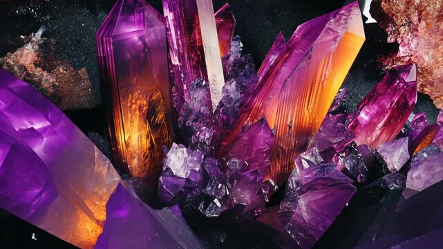 Vibrant clusters of amethyst and citrine crystals glistening in a dark environment