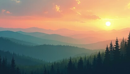 Scenic landscape illustration of mountain range with forest at sunset. Warm sunlight through trees, colorful sky. Nature background for travel, vacation themes, outdoor adventures, eco projects.