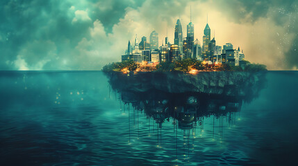 Dreamlike floating city hidden above a glowing ocean
