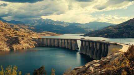 Majestic Dam Overlooking Serene Lake and Mountainous Landscape
