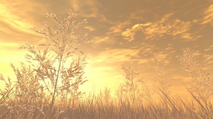 Surreal Evening Scene with Grass Under a Golden Sky