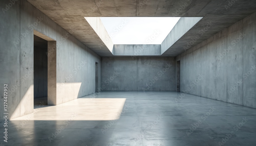 Poster modern empty room interior with concrete walls, floor. sunlight from windows, skylight. minimalist s