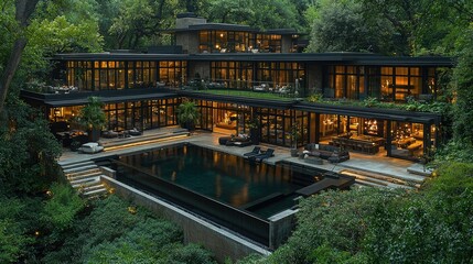 Obraz premium Modern Luxurious Home Nestled In Lush Greenery At Night