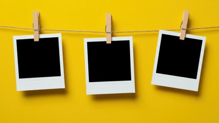Three empty photo frames hanging on a yellow background for creativity.