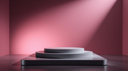 Obraz premium Minimalist podium in front of a radiant spotlight against a gradient pink background.