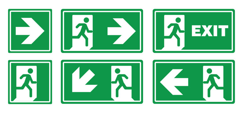 Emergency exit sign set. Man running out fire exit icon. evacuation. Safety vector symbol.