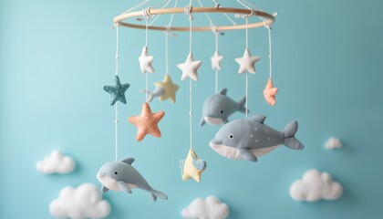Cute baby crib mobile with textile stars and dolphins. Hanging module toy for baby cot, crib on blue background. Design element, marine animals, soft clouds. Kid bedroom interior.