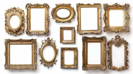 Elegant collection of ornate gold frames, each with unique details, displayed on a clean white background