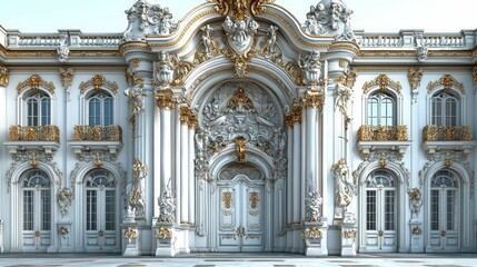 Fototapeta premium Opulent white palace entrance, gold accents, baroque style.