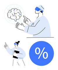 Individuals with VR headsets, one engaging with a brain hologram, another with a chart, and a large percentage sign. Ideal for technology, innovation, education, data analysis, future artificial