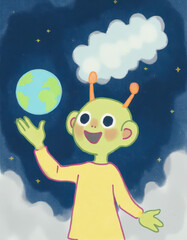 Naklejka premium Cheerful Alien in Space