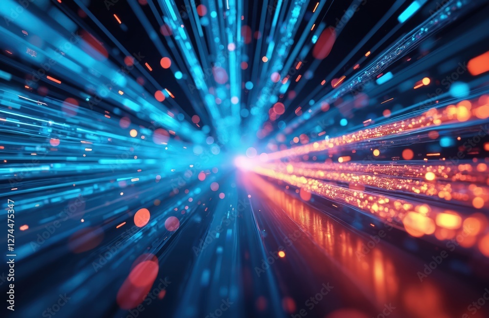 Aufkleber High-speed data transmission via blue fiber optic cables with warm glowing lights. Futuristic abstract tech background. Digital network connectivity, cyberspace speed. Bandwidth flow, stream data