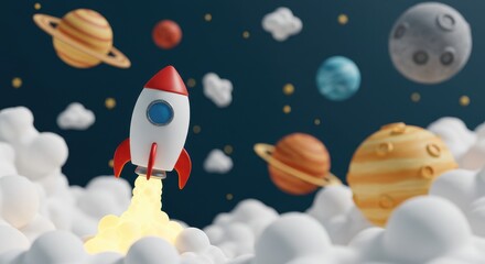 Naklejka premium A 3D rendered illustration of a toy rocket launching into a sky filled with fluffy white clouds and vibrant planets