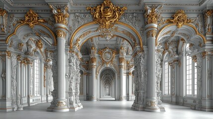 Fototapeta premium Opulent palace hall, white ornate columns, gold accents.