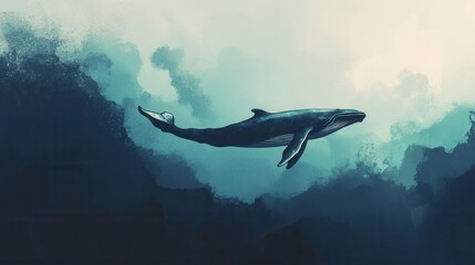 Obraz premium Majestic Humpback Whale Swimming Gracefully Through Deep Ocean Waters with Mysterious Background