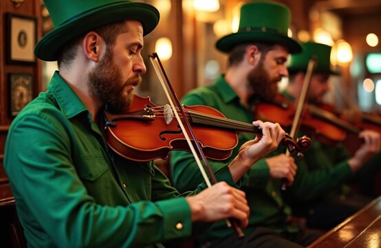 Traditional musicians play violins in Irish pub during Saint Patrick day celebration. Men in green hats, shirts perform live folk music on string instruments, harmony, melody. Irish culture concept.