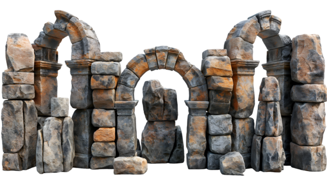 Stone Ruins Archway 3D Model for Games, Grey Brown Rocks for Decay Design, isolated on transparent background.