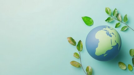 Colorful Earth Illustration Surrounded by Green Leaves on a Soft Pastel Background
