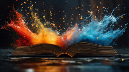A book with colorful liquid splashes and paint flowing out of it, creating an abstract illustration of the concept of creativity in reading. The background is blue, creating a contrast between the col