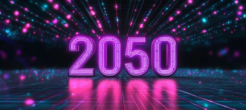 Futuristic Neon 2050 Sign A Glowing Purple Number Design Element on Glowing Techno Background
