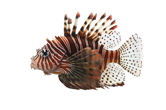 A vibrant lionfish swims gracefully in water, showcasing its striking colors and fin patterns isolated on transparent background