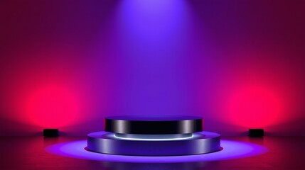 A minimalist stage bathed in purple and red hues.