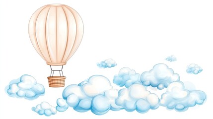 Hot air balloon is floating above a cloudy sky. The balloon is white and has a basket attached to it. The sky is filled with fluffy white clouds, creating a serene and peaceful atmosphere