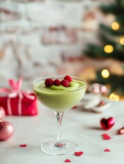 Berry smoothie with avocado in a transparent glass on a white table background and pink and red gifts, Valentine's Day