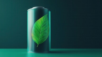 Green Energy Concept Featuring Leaf Inside Transparent Battery on Dark Background