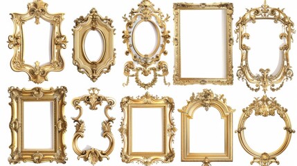 Elegant collection of ornate gold frames, each with unique details, displayed on a clean white background