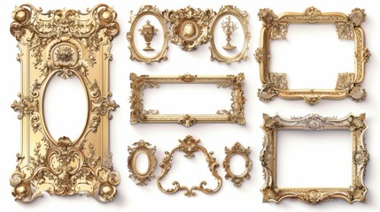 Elegant collection of ornate gold frames, each with unique details, displayed on a clean white background