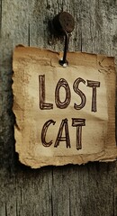 A weathered sign hanging on a wooden surface, prominently displaying LOST CAT in bold letters, evoking a sense of concern and urgency.
