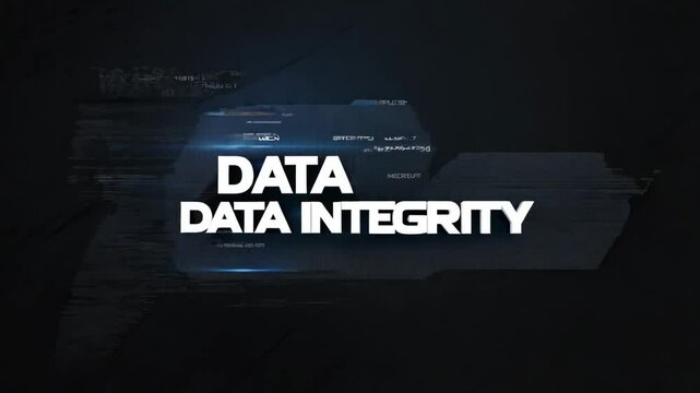 Data integrity text with digital glitch effect on a dark background, cybersecurity and database protection concept.